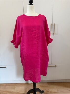 Women's Relaxed Fuchsia linen Midi Dress with Ruffled Sleeves